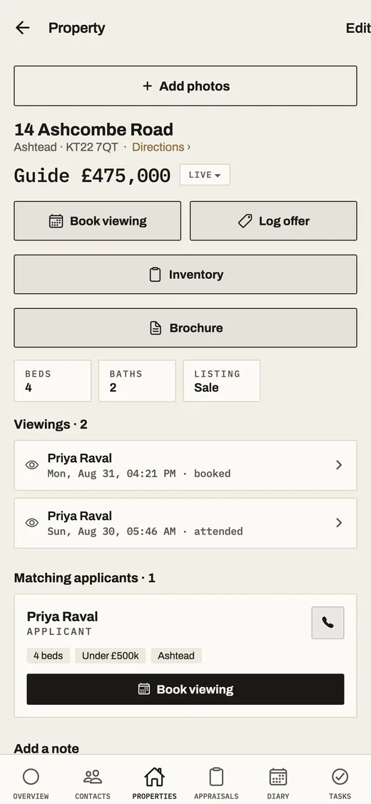 A property record in the app: guide price, book viewing and log offer buttons, beds and baths, the viewings booked on it and a matching applicant.