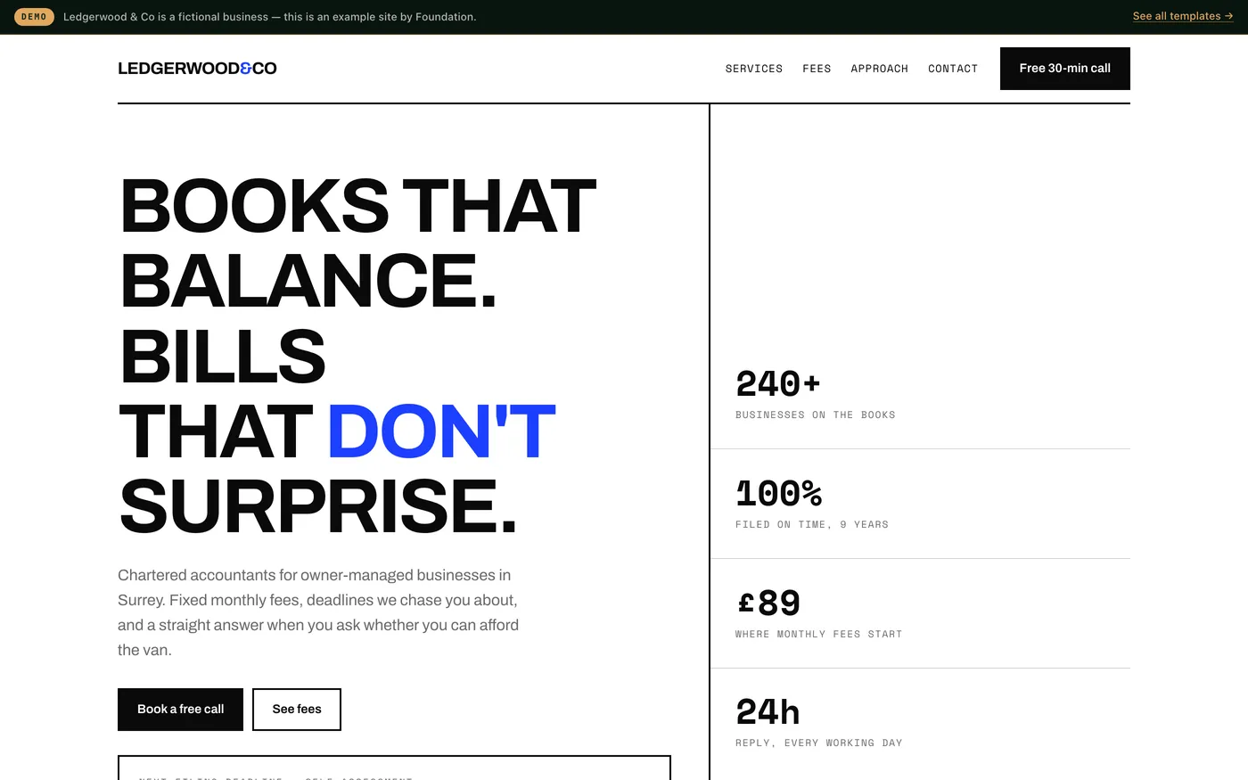 A professional services website in a Swiss grid layout with monthly per-service pricing.