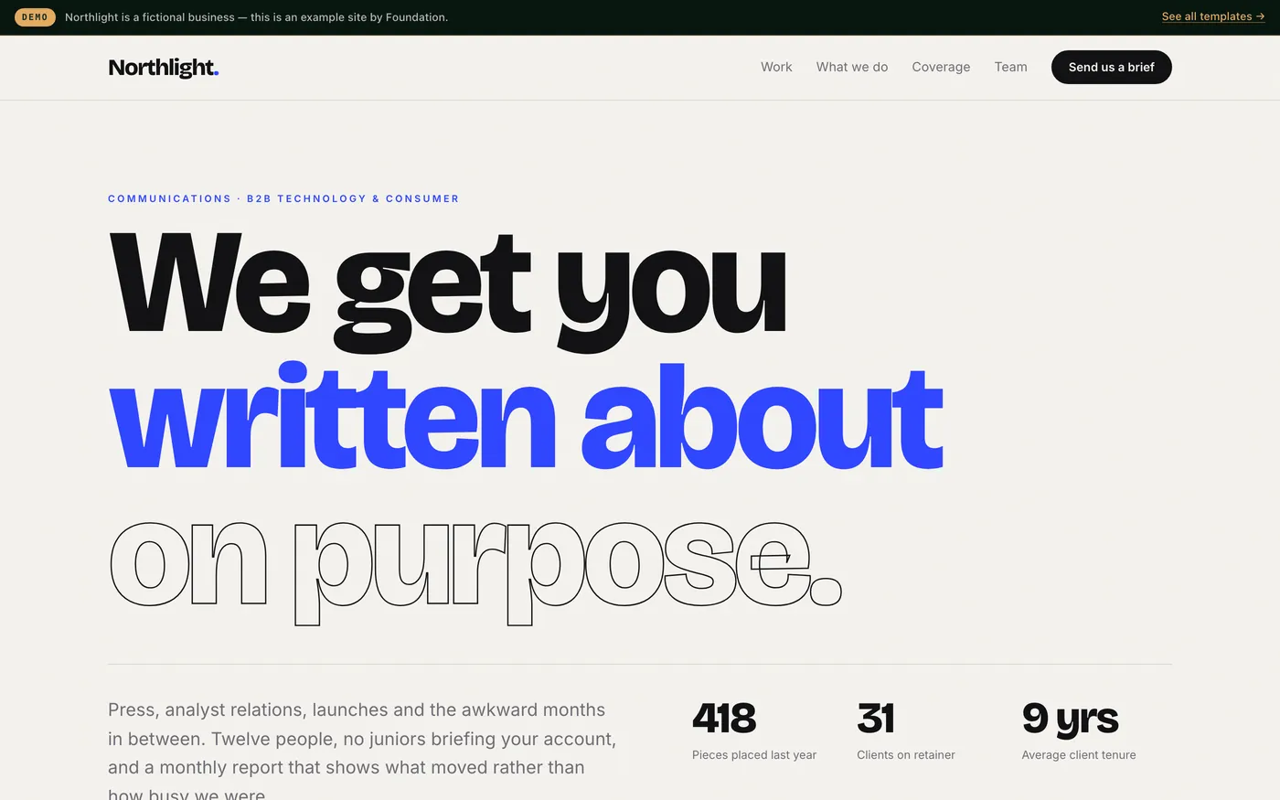 A PR agency website with oversized kinetic typography in blue and black, case studies with metrics, and a live coverage board.