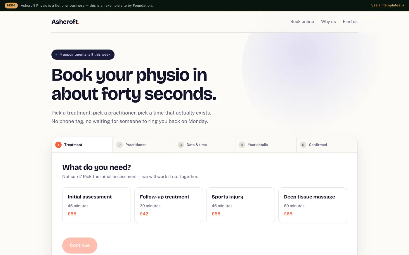 A booking flow showing service selection, a live slot picker and a payment step.