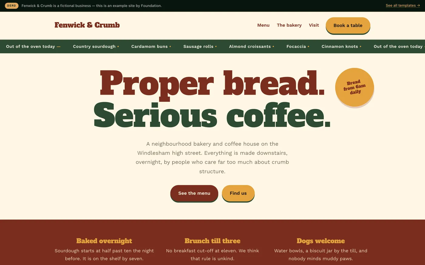 A bakery and coffee house website in rust and mustard with slab serif type and a ticker showing what came out of the oven today.