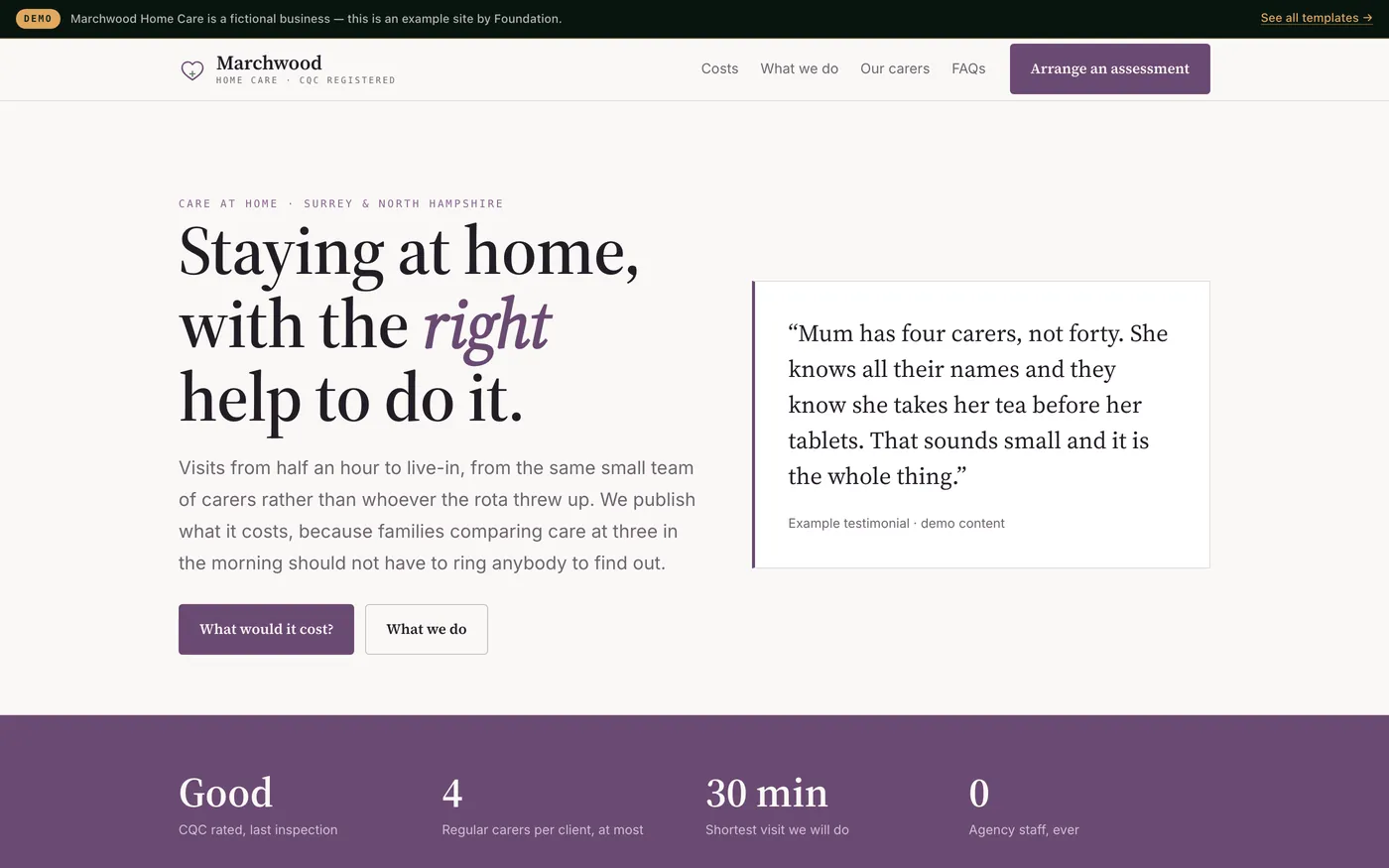 A home care provider website in muted plum and stone with a weekly cost of care calculator.
