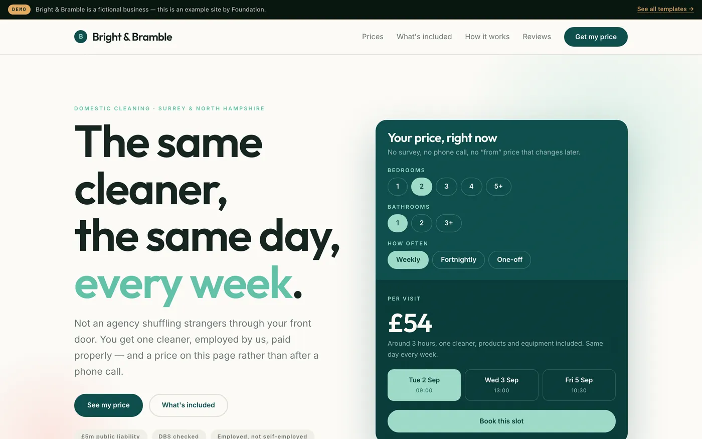 A domestic cleaning company website in cream and teal with an instant price calculator and three available appointment slots.