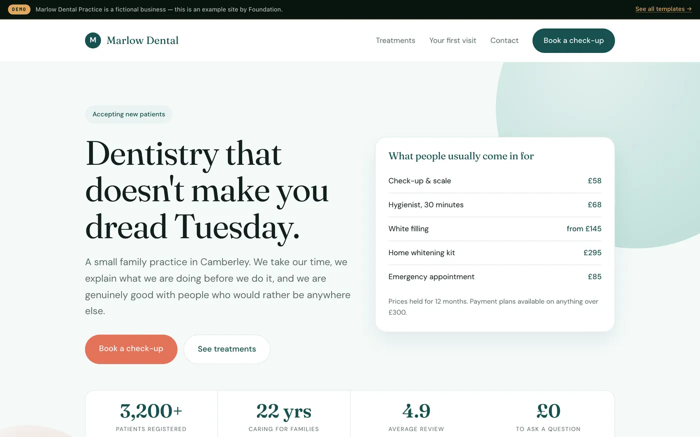 A dental practice website in soft teal and coral with rounded friendly typography, treatment prices and a nervous patients section.
