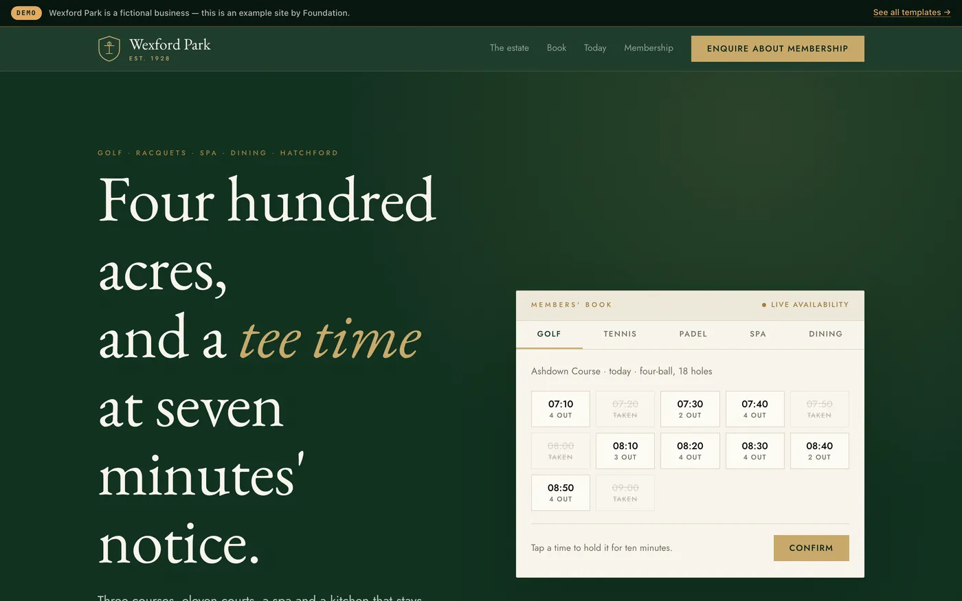 A country club website in deep green and gold with a crest, and a live members' booking panel showing tee times with some slots taken.