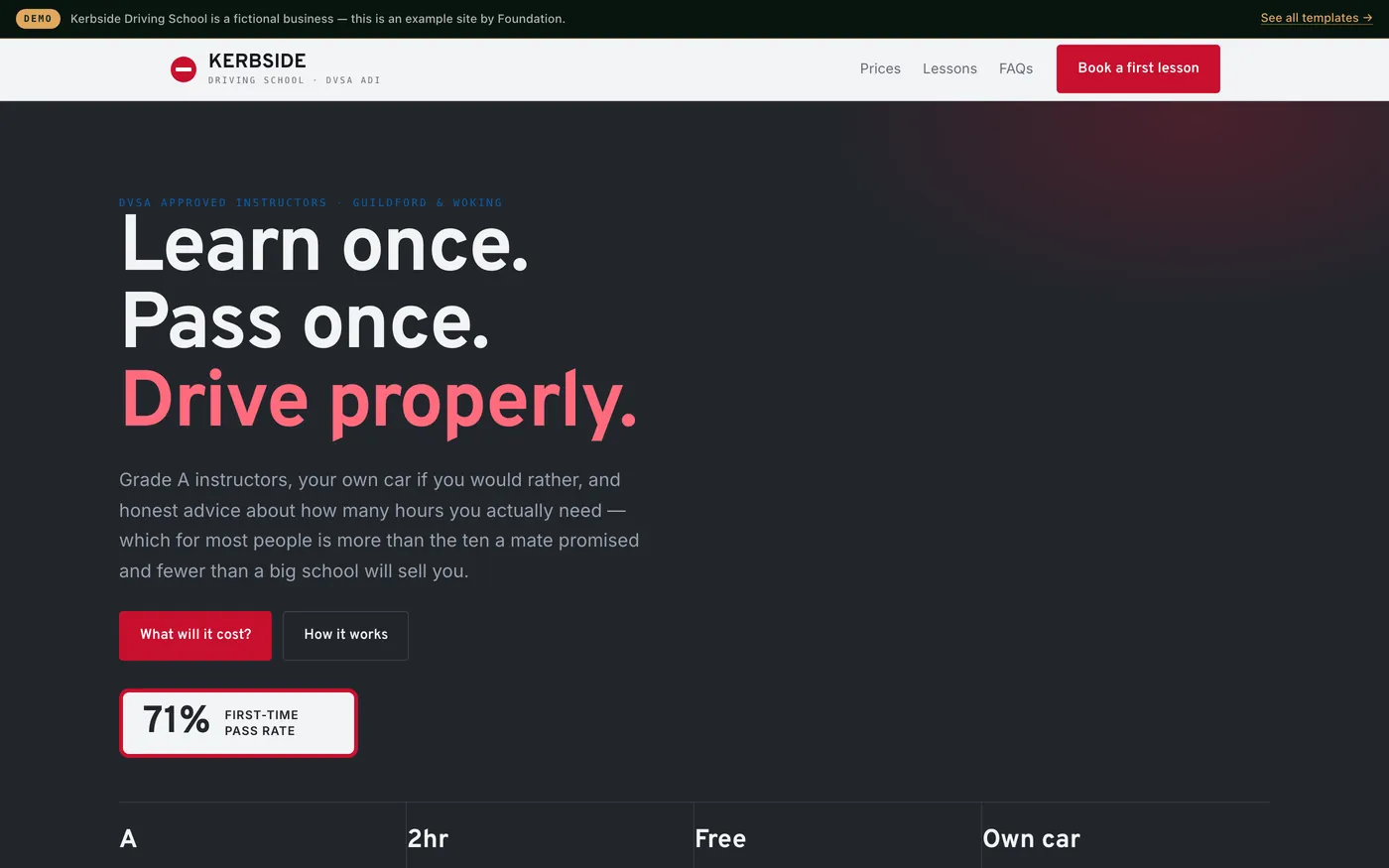 A lesson-based website with a block price calculator showing the real per-hour rate.
