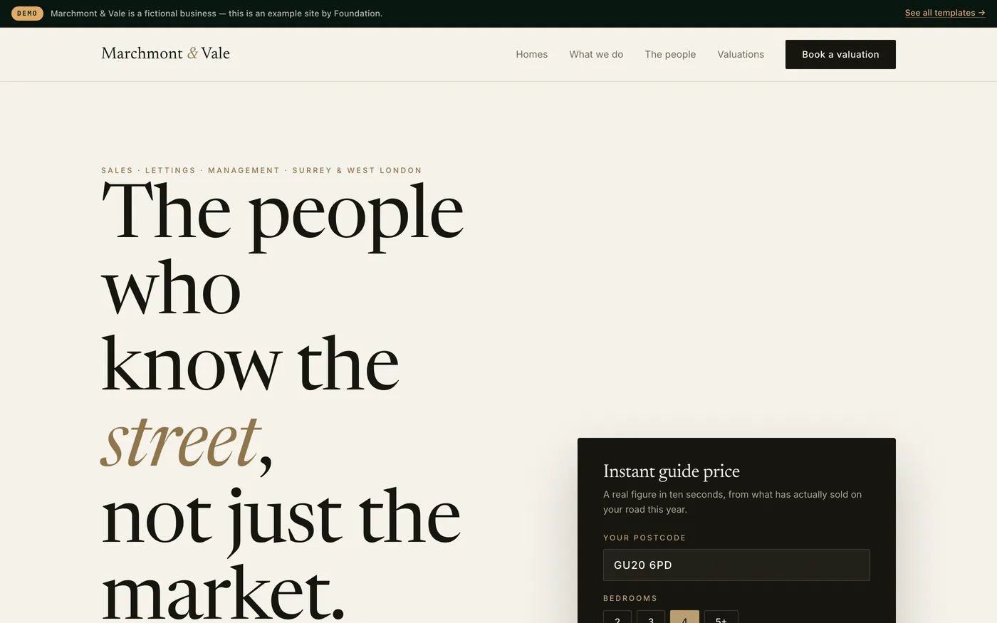 An estate agency website with a large serif headline, an instant guide price calculator, and property cards with line-drawn house elevations.