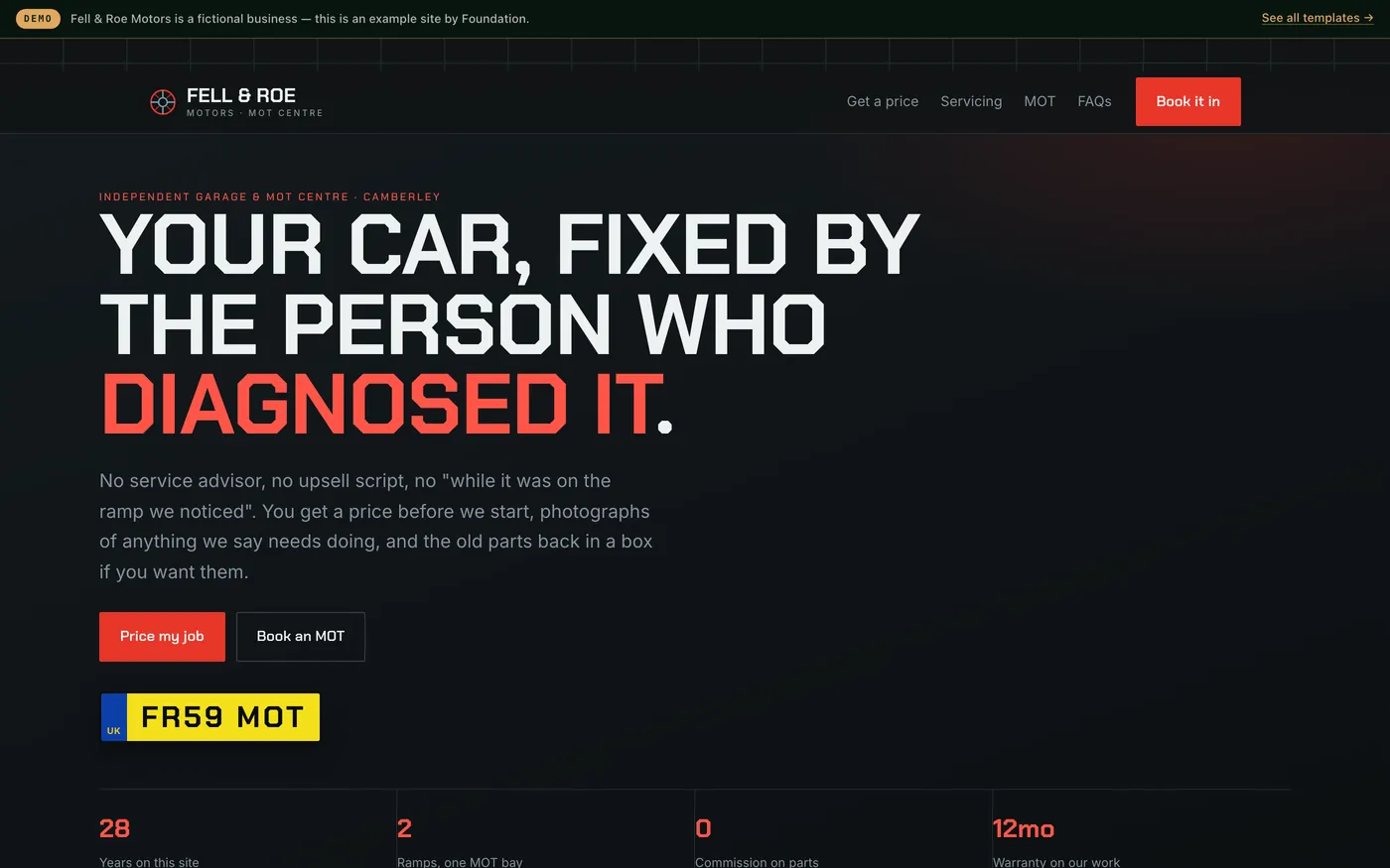 An independent garage website in graphite and red with a registration plate motif and an instant servicing and repair estimator.