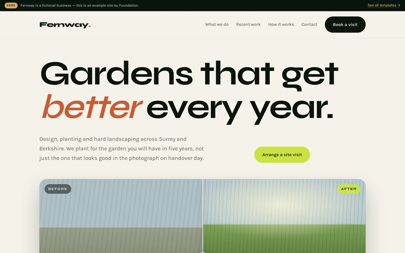 An outdoor trade website with a before and after slider and the process explained step by step.