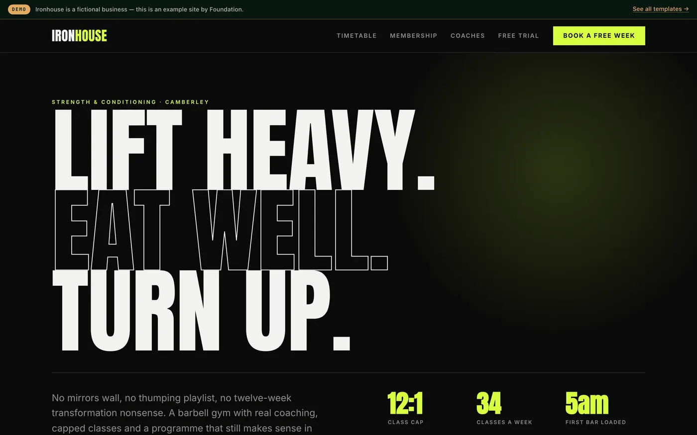 A strength gym website in black and electric lime with huge display type, a live class timetable showing spaces left, and membership pricing.