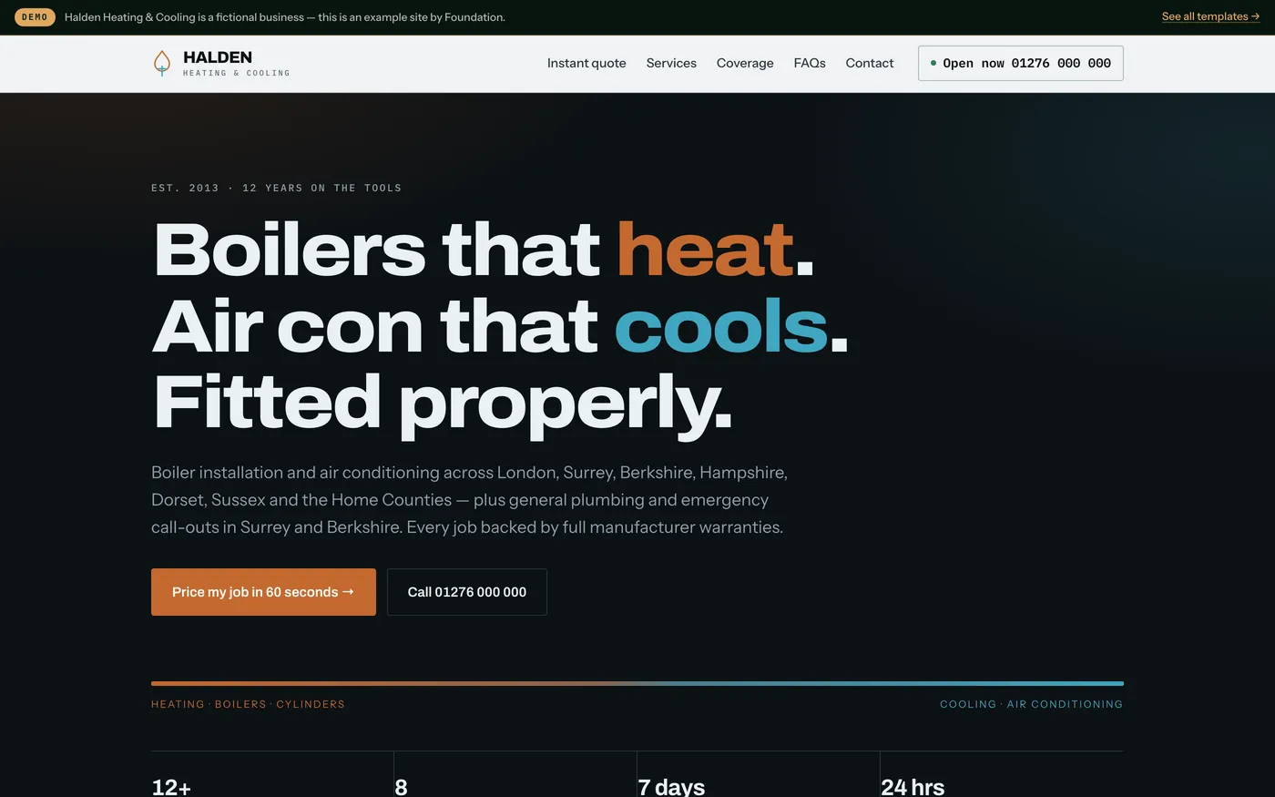 A heating and air conditioning website in dark graphite with copper and blue accents, showing an instant quote estimator with an itemised price breakdown.