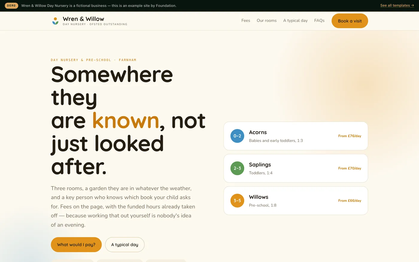 A day nursery website in warm yellow and cream with a fee calculator that deducts funded hours.