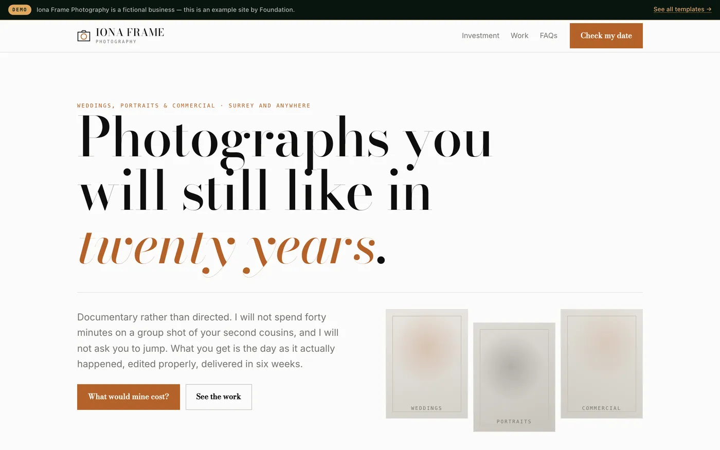 A photographer's website with a high-contrast serif, drawn frames and an online package price calculator.