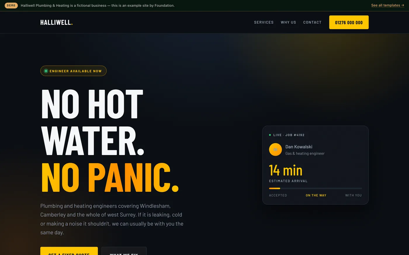 An emergency call-out website with a large tap-to-call number, fixed callout pricing and a live engineer tracker.