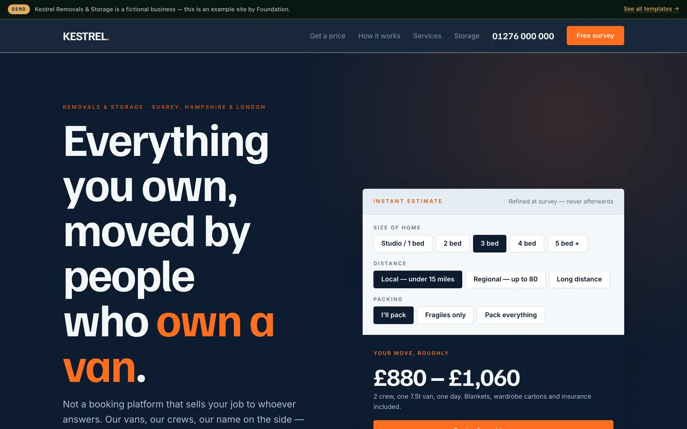 A field service website in navy and orange with an instant estimate calculator and postcode coverage check.
