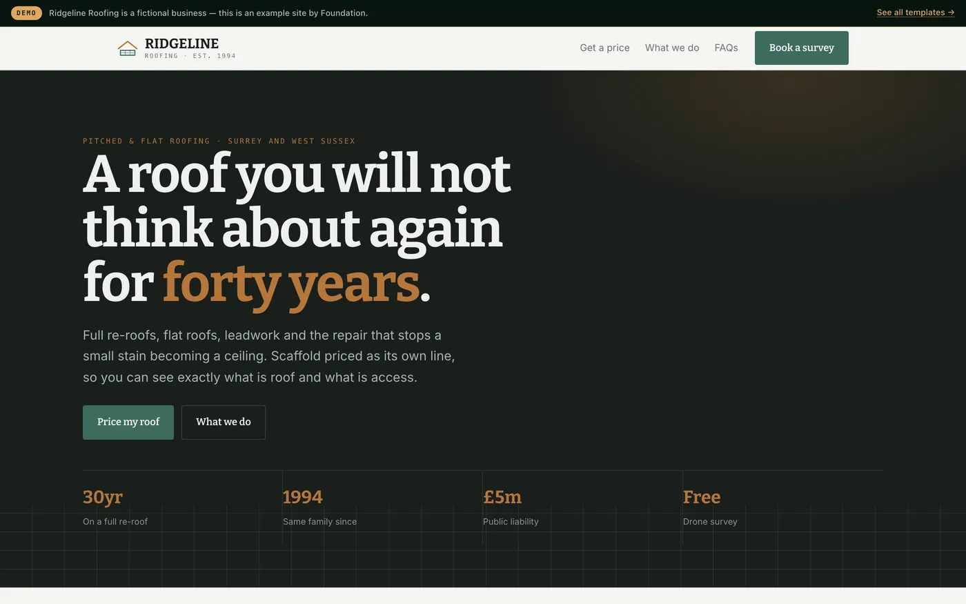 A trade website with an instant estimator showing an itemised price breakdown.