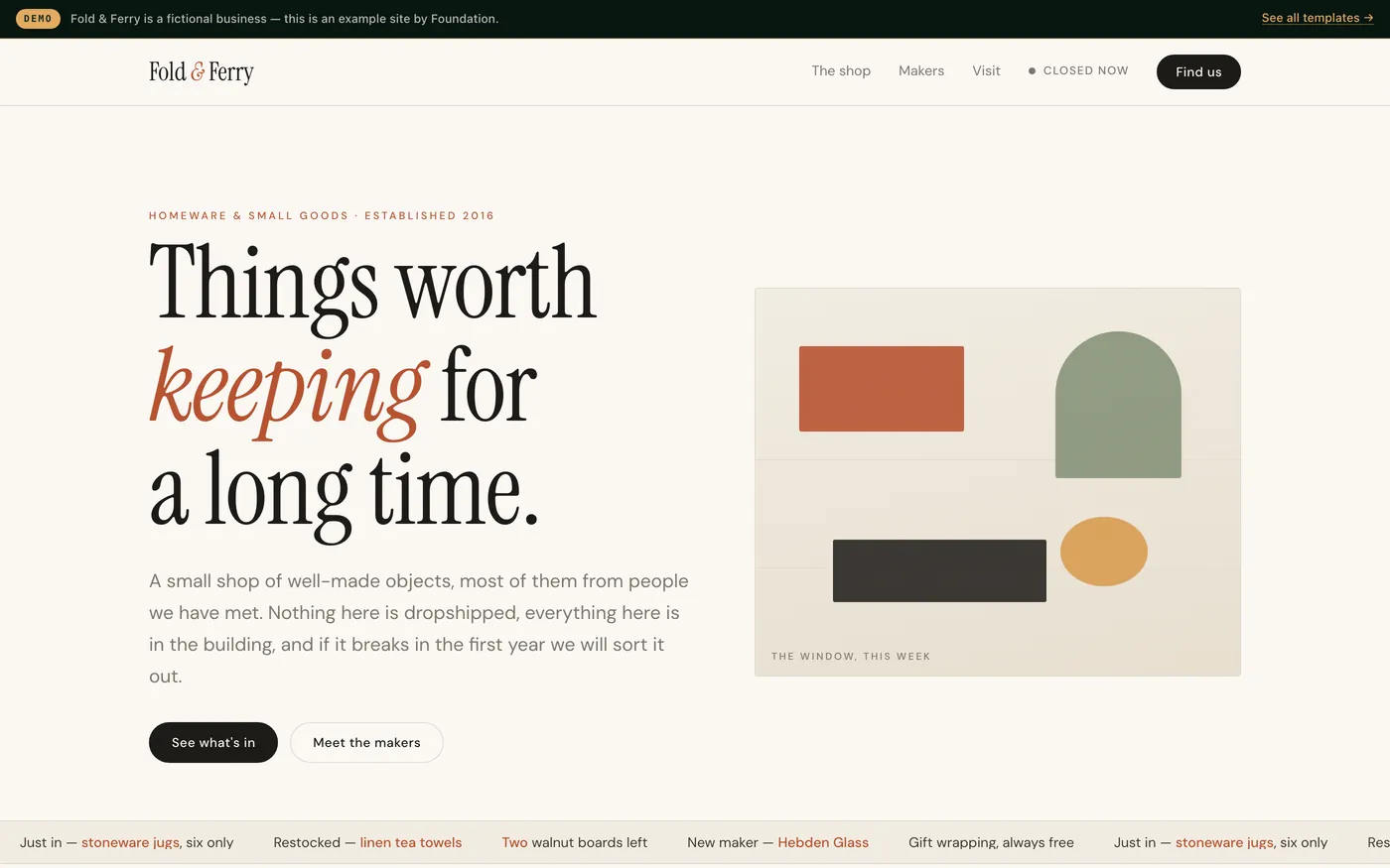 An independent retail website with live stock counts and an open-now badge.