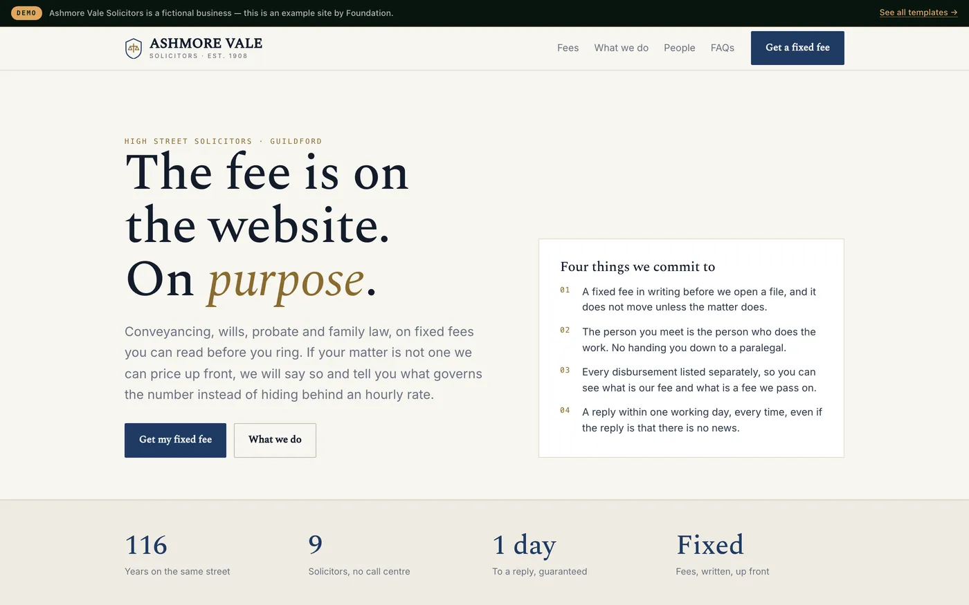 A law firm website in navy and parchment with a serif typeface and an online fixed-fee estimator for conveyancing.