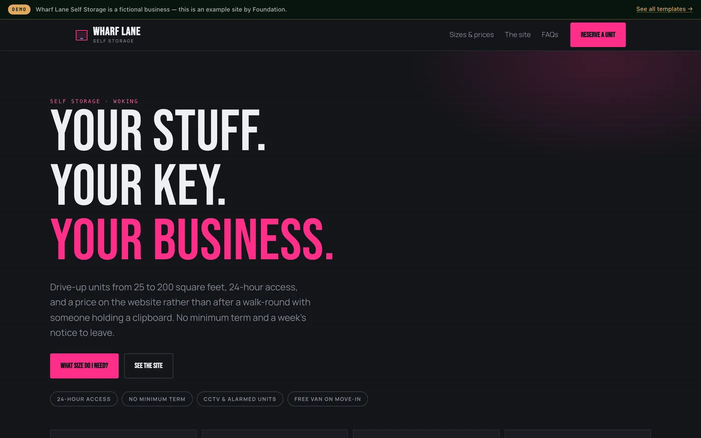 A self storage website in dark concrete and magenta with unit sizes drawn to scale and a price calculator.