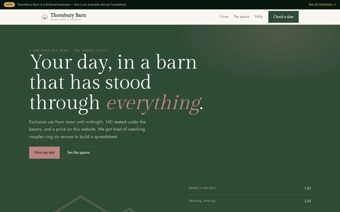 A venue website showing seasonal pricing and live date availability.