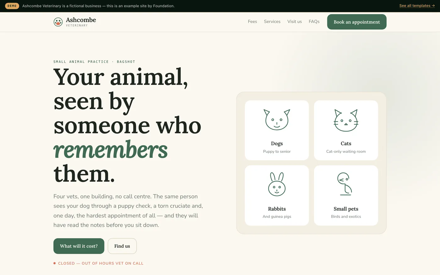 A veterinary practice website in sage and cream with drawn animal illustrations and an online fee estimator.