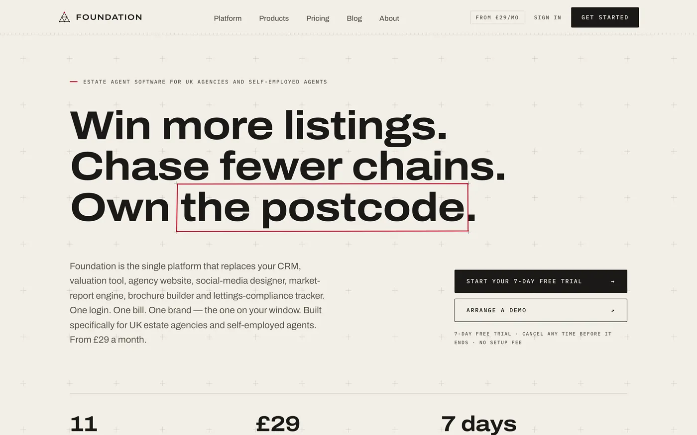 The Foundation Agent website: estate agent software, headline reading Win more listings, chase fewer chains, own the postcode.
