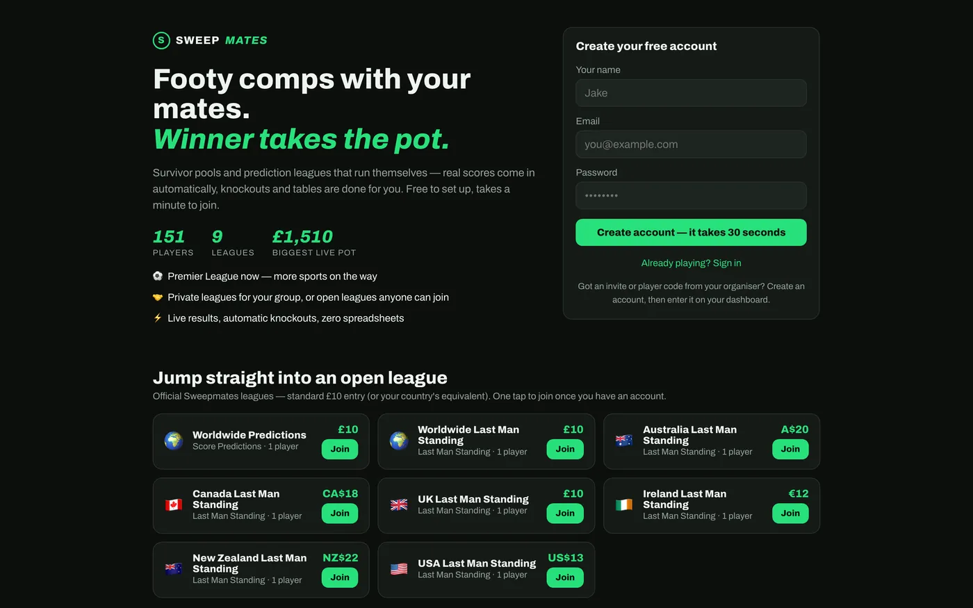 The Sweepmates website: football competitions, showing 151 players across 9 leagues.
