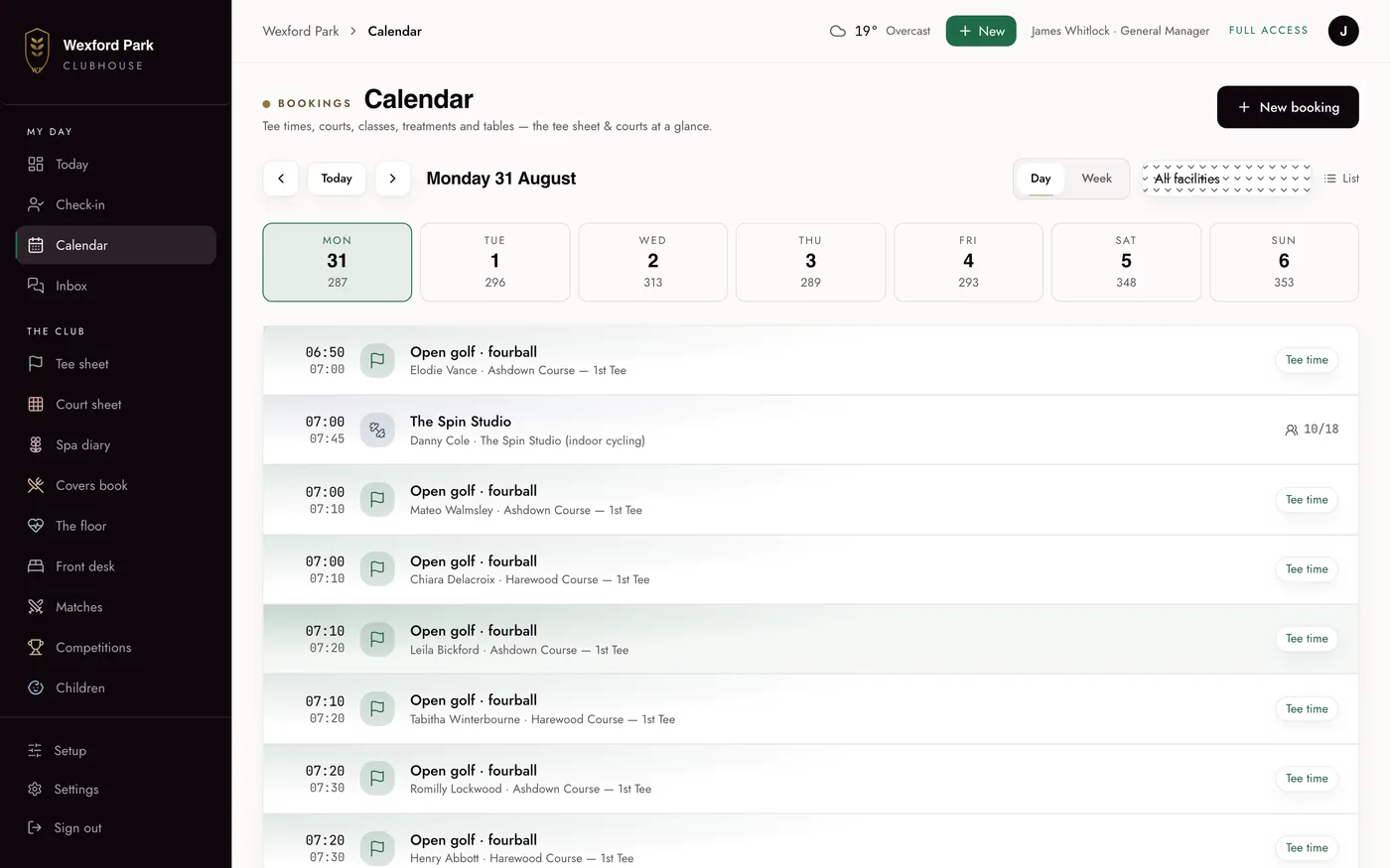 A country club back office: a day calendar of tee times, classes and treatments across every facility.