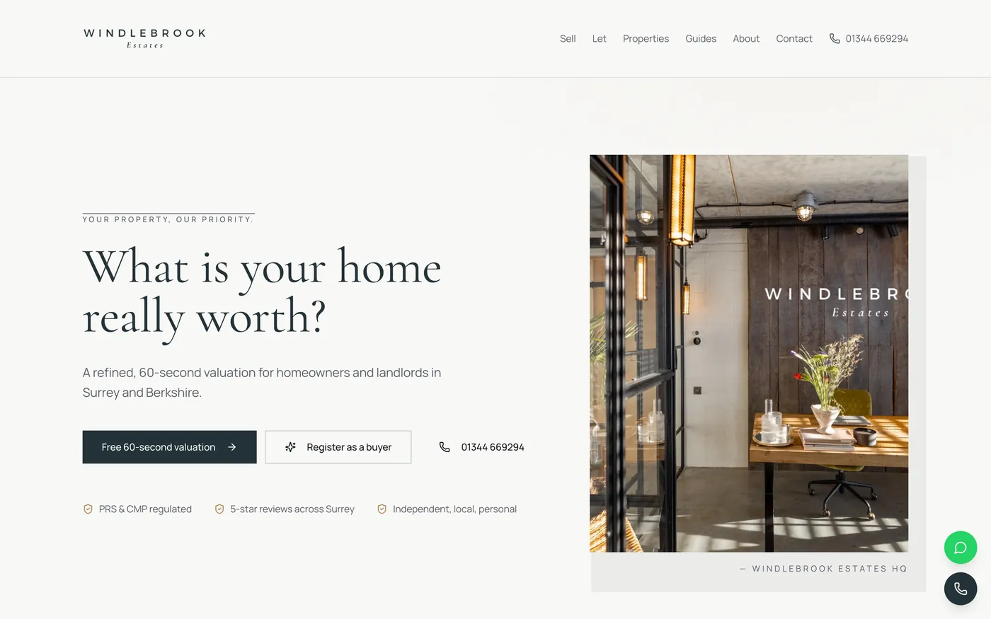 The Windlebrook Estates website on a laptop: an estate agency in Surrey, headline reading What is your home really worth?